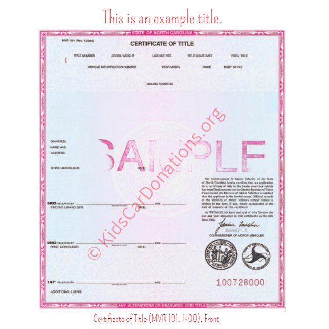 This is an Example of South Dakota Certificate of Title (MVR 191, 1-00)- Front View | Kids Car Donations